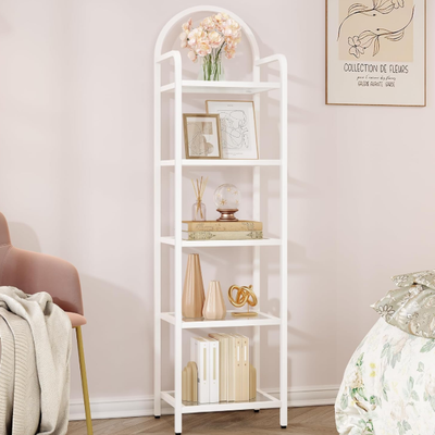 Bookcase Bookshelf, Tempered Glass Bookshelves, Slim Shelving Unit for Bedroom, Bathroom, Home Office, Steel Frame, 5 Tier - 11.8" x 15.75" x 59.1"/White